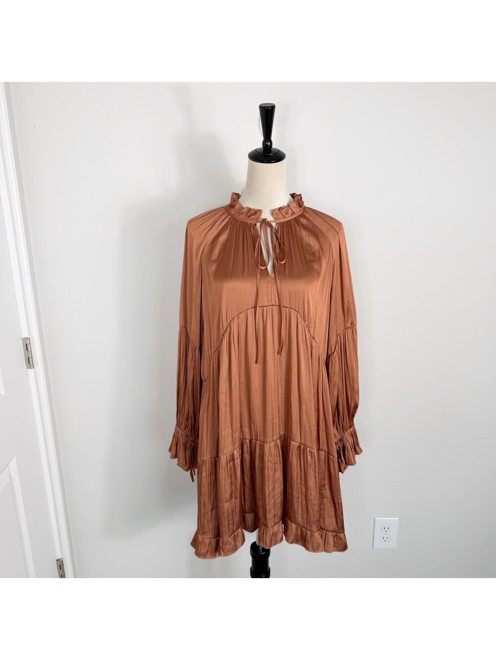 OPT Anthropologie Silky Satin Peasant Tiered Ruffle Dress Bronze Size XL